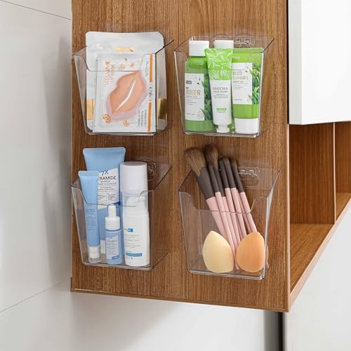 Clear Cabinet Door Organizer Bathroom, 4 Pack Hanging Makeup Storage Brush Holder, Adhesive Storage Bin Versatile Vertical Wall Mount Caddy for Pantry Office Kids' Room Small Items Organization - color: 4 Pack, size: Small