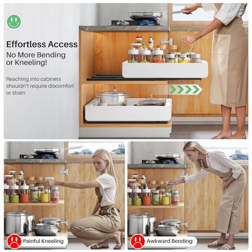 Pull out Cabinet Organizer, 2-pack, Expandable(12"-20") Heavy Duty Slide out Drawers Fixed with Adhesive Nano Film for Pots, Roll out Shelf Storage for Kitchen Base Cabinet Organization(3 Rails) - color: White, size: 21"D×12"-20"W(2 Pack)