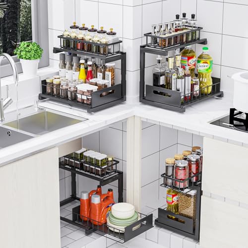 Under Sink Organizer, Heavy Duty Metal Pull Out Cabinet Organizer Slide Out Sink Shelf Organizer Height Adjustable, Multi-Purpose Storage Shelf for Kitchen Bathroom(Black,2Pack) - color: Black, size: 2 Pack
