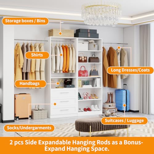 Closet System with 2 Sets, 4FT-10FT Closet Organizer Systems with 3 Wooden Drawers 7 Shelves & 3 Hanging Rods, Walk in Closet freestanding Corner Modular Closet Storage System White (4FT)