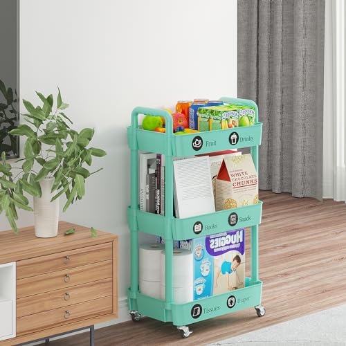 Laiensia 3-Tier Rolling Cart with Wheels,Multifunction Utility Storage Carts, Kitchen Storage Organizer,Mobile Shelving Unit for Bathroom,Laundry,with Classified Stickers,Green - color: Green, size: 3-Tier