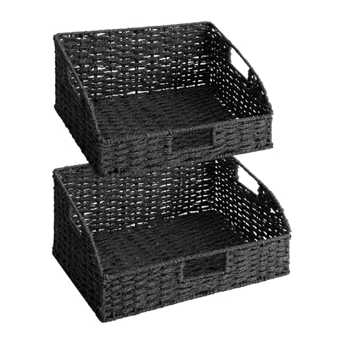 StorageWorks Wicker Baskets with Handles, Pantry Organizers and Storage, Paper Rope Pantry Baskets for Shelves, Black， 2-Pack - color: Black(Paper Rope), size: 15¾"L x 11"W x 7½"H + 14¼"L x 9¾"W x 6¾"H