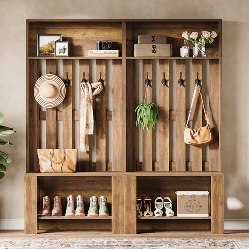 Tribesigns Hall Tree with Bench and Shoe Storage, 70.8" Tall Freestanding Coat Rack with Shoe Bench, Farmhouse Narrow Hall Tree Organizer with Hooks for Entryway, Hallway, Mudroom, Space-Saving, Brown