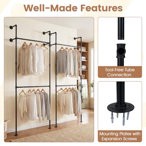 Giantex Industrial Pipe Clothing Rack, 42" Wall Mounted Heavy-Duty Metal Garment Organizer with 2 Hanging Rods, 2-Tier Walk-in Closet System for Wardrobe Closet, Retail Display - size: 42 Inches