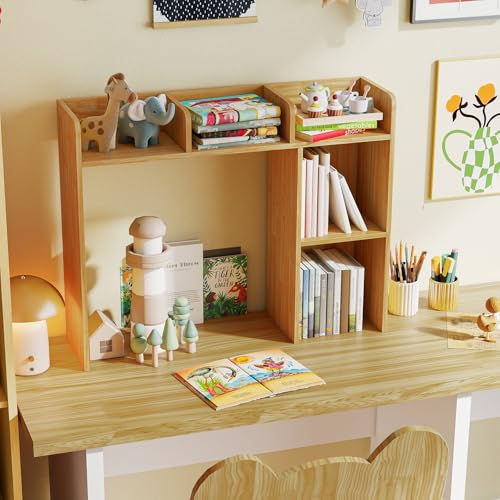 Tangkula Desktop Bookshelf, Countertop Storage Hutch with Shelves for Computer Desk, Desk 3-Tier Display Rack, Multipurpose Wood Desktop Hutch Storage Organizer for Dorm Office - color: Burlywood, size: 5 Shelves