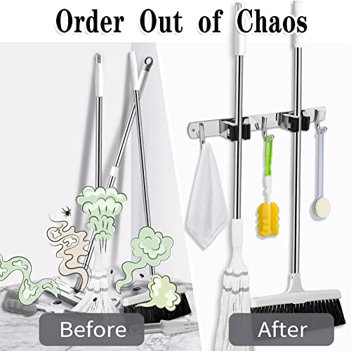 2 Racks and 3 Hooks Broom and Mop Holder Wall Mounted Garage Organizer Storage Tool Racks Stainless Steel Heavy Duty Hooks Self Adhesive Solid Non-slip Wall Hangers for Home Kitchen Garden Laundry - color: 2 Racks & 3 Hooks (Silver) - 1 Pack
