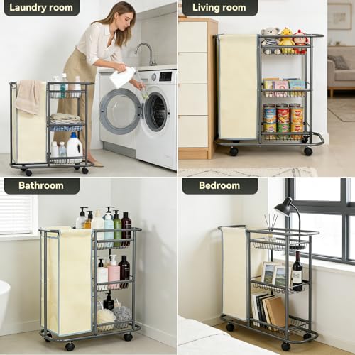 Narrow Laundry Cart with Wheels,3 Baskets and 45L Laundry Bag Metal Rolling Cart for Small Space,Laundry Room Organization and Storage for Bathroom Living Room Apartment Dorm