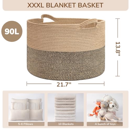 INDRESSME Extra Large Woven Baskets for Storage, 21.7 x 13.8 Blanket Basket Living Room Wicker Storage Basket for Organizing Woven Laundry Baskets for Toy Pillow Shoe, Entryway, Black Jute - color: Black & Jute, size: 21.7"D x 13.8"H