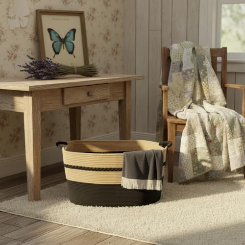 Extra large laundry basket woven from natural cotton rope with handles storage blankets for living rome big decorative quilted baskets for clothes toys pillows hamper 24"x16"x14" black - color: Black, size: 87L 24"x16"x14"