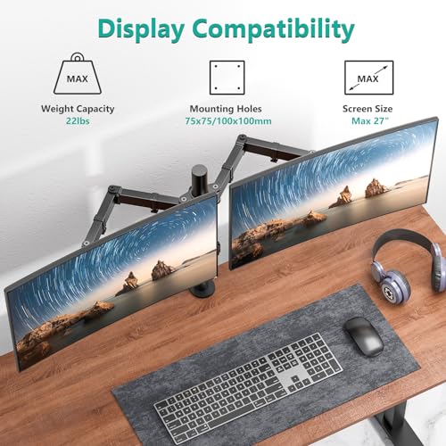 WALI Dual Monitor Stand for Desk, Dual Monitor Mounts for 2 Monitors up to 27 inch, 2 Monitor Desk Mount Holds up to 22 lbs, Height Adjustable Swivel Tilt Rotation, 75x75/100x100mm (M002), Black - size: Dual, style: C-Clamp