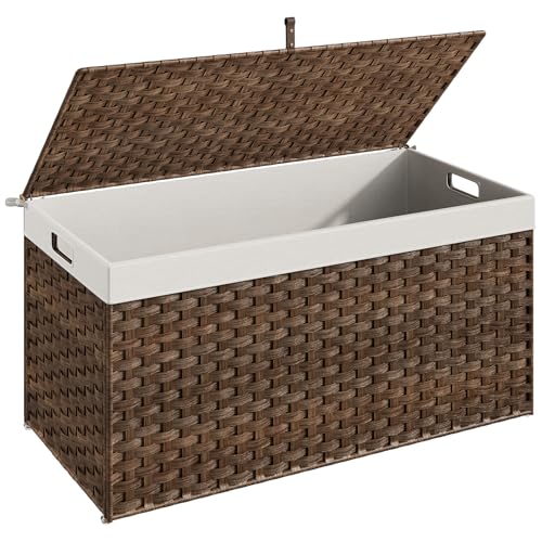 HOOBRO Storage Basket with Lid, 52.8 Gallon (200L) Wicker Basket, Handwoven Blanket Storage Basket with Handles, Metal Frame and Soft Lining, Foldable for Bedroom, Laundry Room, Brown BR220CW01 - color: Brown, size: 39.4"L x 15.7"W x 19.7"H