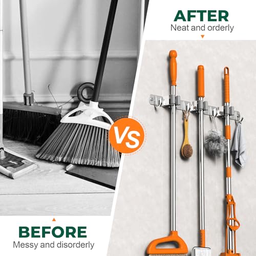 CUXIXA Mop and Broom Holder Wall Mount, Upgraded Broom Organizer Wall Mount, Stainless Steel Broom Hanger Wall Mount for Home Kitchen Garden Laundry Garage (3 Racks with 4 Hooks) - color: Silver, size: 3 Racks with 4 Hooks