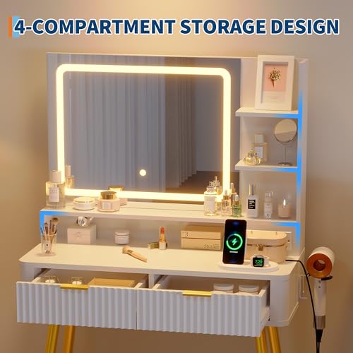 Garvee Fluted Vanity Desk with Mirror and Lights, 31 in Small Makeup Vanity Storage Cabinet & 2 Drawers, 3 Lighting Modes, Stylish Dressing Table for Bedroom - color: Light White