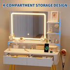 Garvee Fluted Vanity Desk with Mirror and Lights, 31 in Small Makeup Vanity Storage Cabinet & 2 Drawers, 3 Lighting Modes, Stylish Dressing Table for Bedroom - color: Light White