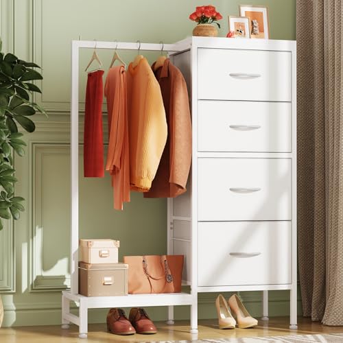 HIGDBFE Tall Dresser 44''H with Hanging Rack, 4 Drawers Small Closet Dresser for Bedroom, Reversible Fabric Chest of Drawers with Clothes Rack, Tall Storage Tower, Sturdy Frame, White - color: White