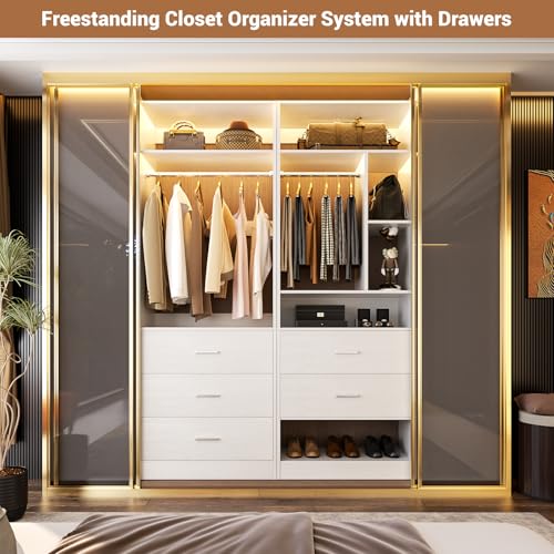 Besiost 4FT Closet Systems with 5 Wood Drawers, 48 Inch Closet Organizer System with 2 Hanging Rods & 7 Shelves, Heavy Duty 48" Walk-in Closet , White (48"L x 15" W x 80" H) - color: White