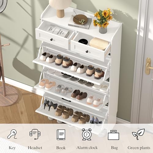 Thacuok Shoe Cabinet with 3 Flip Drawers & 2 Storage Drawers, Rustic Farmhouse Narrow Shoe Organizer Cabinet, Slim Shoe Rack Cabinet, Shoe Storage Cabinet for Entryway, Hallway, Front Door - color: White, size: 3 Drawers