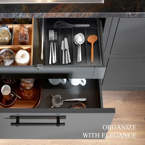 Bamboo Silverware Organizer, Kitchen Drawer Organizer, Utensil Holder, Cutlery Tray & Spoon Flatware Storage with Grooved Drawer Dividers (Black, 9.5''W x 13.5''D) - color: Black, size: 9.5''W x 13.5''D