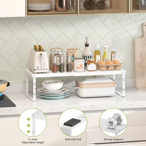 RUILALIFE Expandable Cabinet Organizer Shelf With Adjustable Height, Stackable Kitchen Countertop Organizer Rack, Adjustable Shelf Riser For Kitchen Counter, Pantry, Cupboard, Desk, Tabletop - color: White-2 Pack