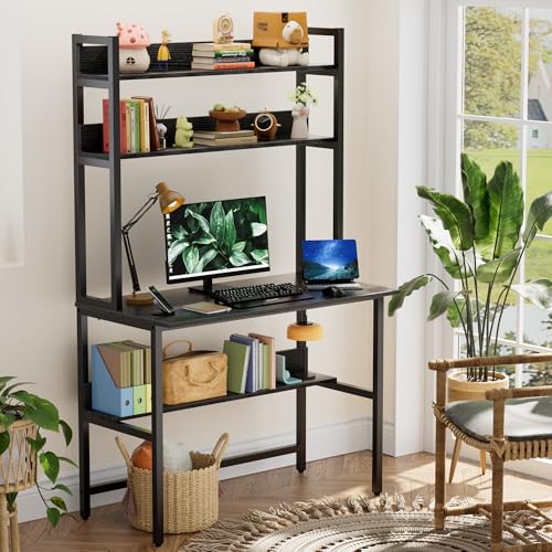 Aquzee Computer Desk with Hutch, 40“W x 19.6" D Desk with Shelves, Tall Home Office Desk with Bookshelf, Metal Legs Study Table with Upper Storage Shelf for Study Writing/Workstation, Black - color: Black, size: 40inch