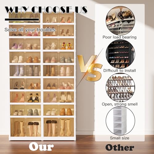 9-Tier Portable Shoe Rack Organizer for Closet, 36 Pairs Shoe Container Bins, Clear Plastic Collapsible Shoes Storage Box, Stackable Sneaker Storage Shoe Cabinet with Door - size: 9 Tiers - 36 Pairs