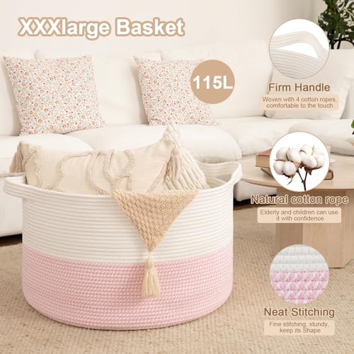 OIAHOMY 115L Extra Large Blanket Basket, 23.6" x 15.4" Woven Cotton Rope Laundry Basket for Organizing Pillows, Decorative Stuffed Animal Toy Storage Bin for Nursery, White and Pink - color: White and Pink, size: 23.6"D x 15.4"H