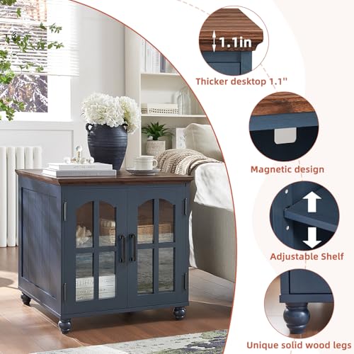 RWYHG Farmhouse End Table with Charging Station,24" Large Sofa Side Table with Glass Barn Door,Rustic Wood Night Stand with Adjustable Storage Shelf,Square Bedside Table for Living Room,Bedroom Office - color: Blue, size: Set 1