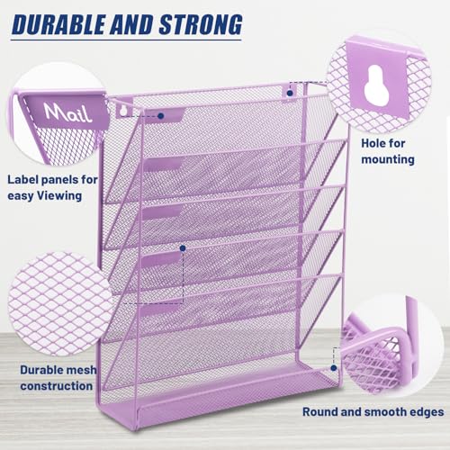 EASEPRES Desk File Organizer Mesh 6 Tier, Hanging Wall Mount Document Organization Stand, Desktop Vertical Mail Paper Folder Holder Rack with Bottom Tray for Office Home Cubicle, Light Purple - color: Light Purple, size: 6 Tier