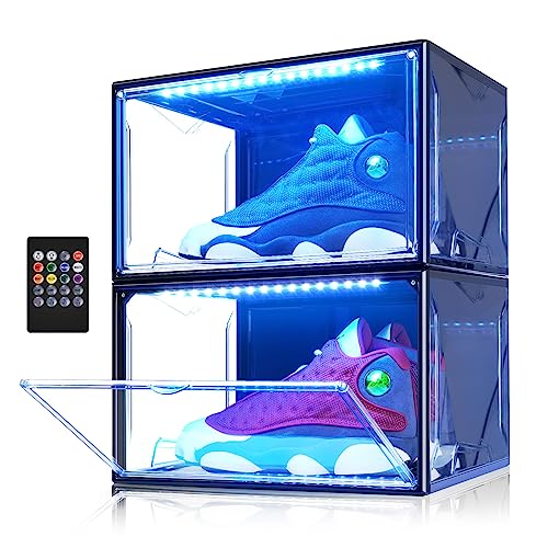 Oltraman Shoe Storage Organizer for Closet, Foldable Shoe Boxes Rack 2 pack, Clear Plastic Stackable Containers Bins Holder, Magnetic Sneaker Shelf for Sneakerheads with LED Lights (Black) - color: Black