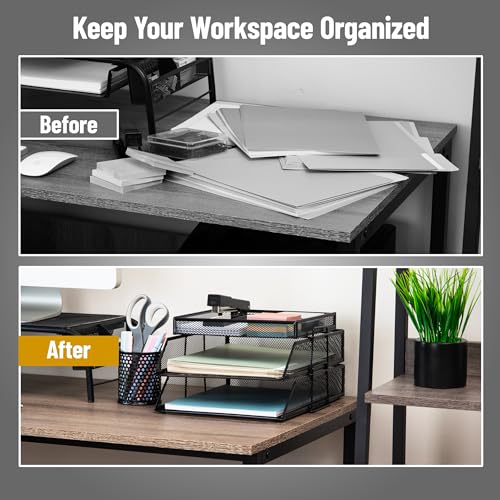 Mind Reader 2 Tier Paper Tray with Top Supply Compartment, Desktop File Organizer, Metal Mesh, Black - color: Black