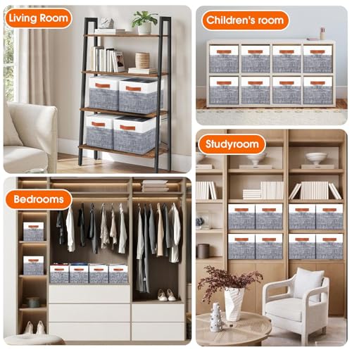 Fab totes Collapsible Storage Baskets for Shelves,14"x10", 8 Pack Foldable Fabric Storage Bins with Double Leather Handles, Large Baskets for Organizing Books, Clothes, White & Grey - color: Grey, size: 8pack