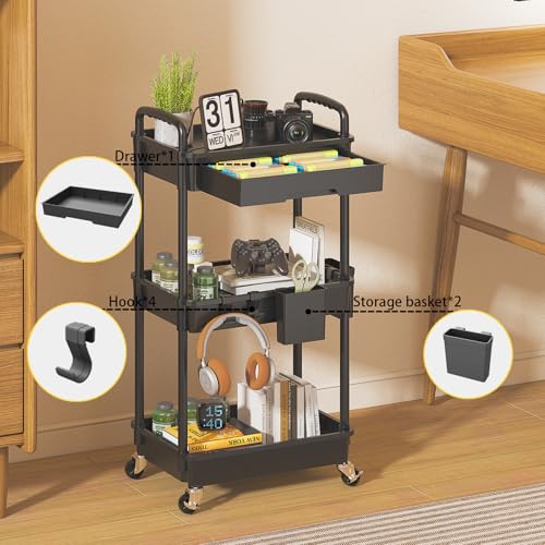 3 Tier Rolling Utility Cart with Drawer, Plastic Storage Organizer Rolling Carts with Wheels Handles Hanging Cups Hooks for Office, Bathroom, Kitchen,Craft Art Room (Black) - color: Black, size: 3-Tier