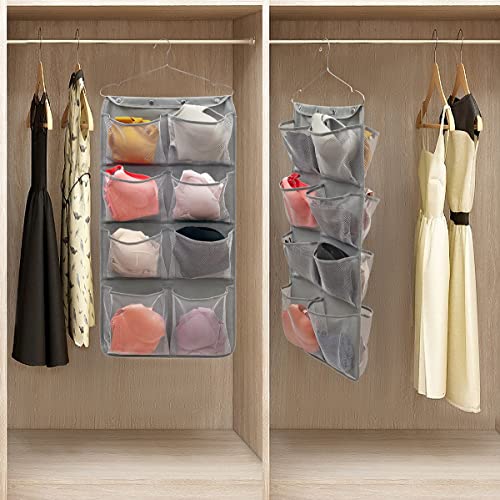 Dual Sided Hanging Closet Organizer Durable Socks Stocking Clothes Bra Accessories Storage Bag With 16 Large Pockets (Nylon Mesh Pockets)