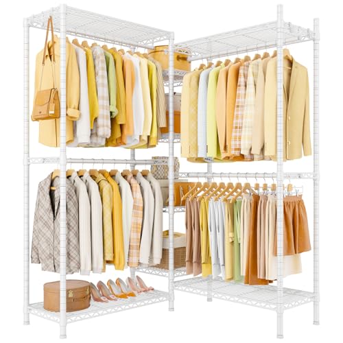 Ulif E4L L-shaped Clothing Rack for Corner, Heavy-Duty Freestanding Garment Rack, Metal Clothes Storage Organizer System with Shelves and Hangers, Max Load 962lbs, 42.7" W x 42.7" D x 79.3" H, White - color: White