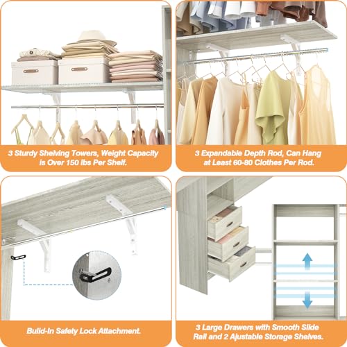 iSunirm 8FT Closet System, 96'' Closet Organizer System with 3 Hanging Rods, Wall Mount Bedroom Wardrobe with 3 Drawers Walk-in Closet, Adjustable Garment Rack from 5 to 8FT(Cut to Fit), White Oak - color: White Oak