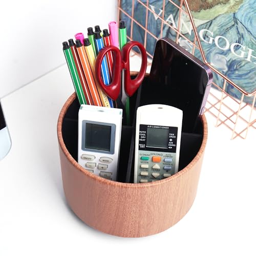 Round Leather Art Supply Organizer,Remote Control Holder,360 Degree Spinning,Multi-Functional Pencil Holder,4 Compartments Desktop Stationary Organizer(1-Thin Wood Ligh Brown) - color: 1-Thin Wood Ligh Brown