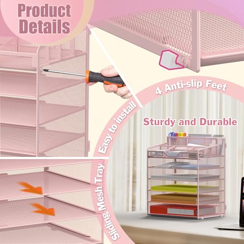 Docnest 6 Tier Mesh Desk Organizer for Paper Office Supplies – Multi-Functional Letter Tray with 5 Adjustable Compartments, 9 Pen Holders, Desktop Storage for Files, Mail, Stationery – Pink - color: Pink, size: 12.7" x 9.1" x 15.5"