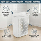 Bushel Laundry Hamper, Slim Rectangular Ventilated Plastic Clothes Basket, Heavy Duty Washing Bin With Reinforced Handles for Bathroom, Dorm, and Closet Organization, White, 1 Pack