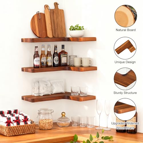 Floating Corner Shelves, Wall Shelf Set of 3, Shelves for Wall Storage, Solid Wood Shelves for Storage, Wall Mount Wooden Display Shelf for Bathroom Bedroom Kitchen Garage (Acacia, 3pcs) - color: Acacia 3 Pcs