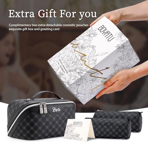 BOYATU Travel Makeup Bag Cosmetic Bags for Women: 3 Pcs Set Large Capacity Make up Bag with Handle - Vegan Leather Toiletry Bags with Compartments - Makeup Organizer for Travel Essentials(A-7-Black) - color: A-7-Black