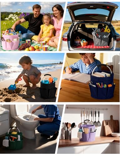 Cleaning Caddy with Handle, Cleaning Products Organiser, Foldable Storage Basket, Large Supply Organiser 17L with 6 Pockets, Portable Cleaning Caddy for Home & Garden (Green) - color: Green