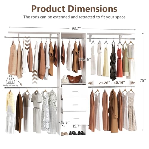 LINLUX 8FT Closet System 94'' Closet Organizer with 3 Drawers,4 Extendable Hanging Rods,Wood Closets Built In System Tower with Adjustable Shelves,Walk-in Closets Wardrobe Clothes Garment Rack(White)