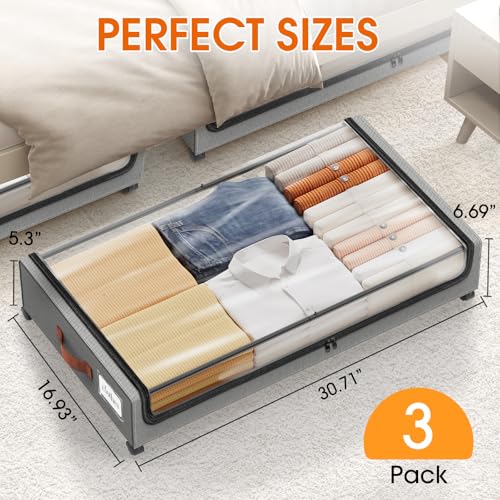 SpaceHacks Under Bed Storage with Wheels 3Pack Underbed Storage with Clear Window&Label Under Bed Drawers Large Capacity Rolling Under Bed Storage for Clothes,Shoes, Blankets (Light Grey) - color: Light Grey, size: 3 pack