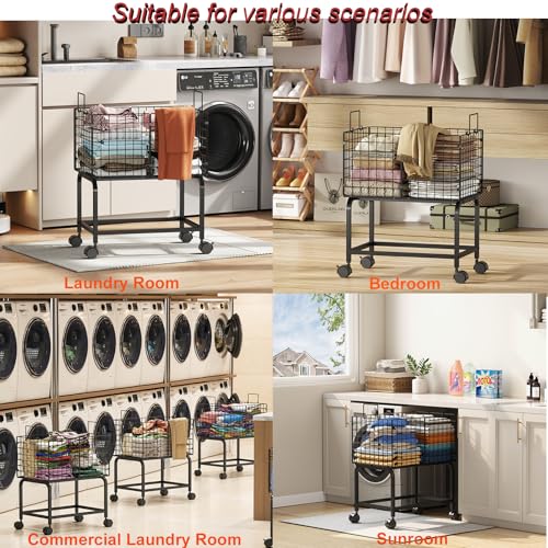 Wire Laundry Hamper Cart,Rolling Laundry Carts with Pull Handle,Black Tall Laundry Basket,Commercial Wire Laundry Hamper Cart-23.6 * 15.75 * 28 inches - style: Medium Oblong-Black