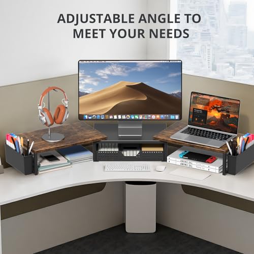 OPNICE Desk Organizers and Accessories, Dual Monitor Stand Riser with Drawer and 2 Pen Holders, Desk Shelf Wood Computer Racks for Office Workspace Organizers, Desktop Organization (Rustic Brown) - color: Rustic Brown, size: With drawer and pen holder