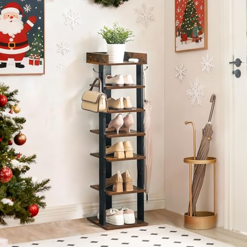 HOOBRO Vertical Shoe Rack for Front Door Entryway, 7 Tier Wooden Shoe Storage Organizer with Hooks, Narrow Shoe Tower for 7 Pairs, Space Saving, for Corner, Closet, Bedroom, Rustic Brown BF61XJ01 - color: Rustic Brown
