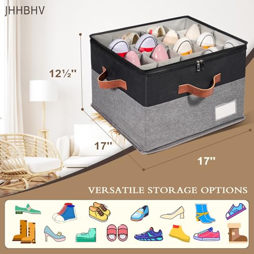 2 Pack Shoe Organizer for Closet, Adjustable Shoe Box Storage Containers, Large Foldable Shoe Bins with Clear Cover, Space Saving Shoes Holder with 4 Handles, Fits 16-32 Pairs, Black - color: Black and Grey, size: (2 Pack) 17"L x 17"W x 12 ½"H