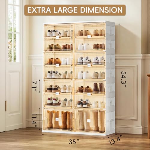 JEKO&JEKO 7 Tiers Foldable Boot and Shoe Storage Rack Cabinet for Closet Entryway, Large Collapsible Shoe Organizer with Magnetic Doors (White) - color: Double-row, size: 7 Tiers (6+1 Boots)