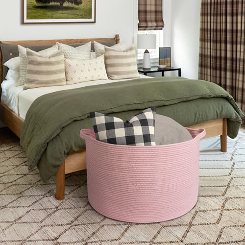 MEGASKET 115L Oversized Pink Basket, 23.6"x15.7" Woven Cotton Rope Bin with Handles, XXXL Blanket Storage for Living Room, Kids Toy Storage Bin Box, Baby Laundry Basket for Organizing, Pink Room Decor - color: Pink, size: 23.6"x23.6"x15.7"