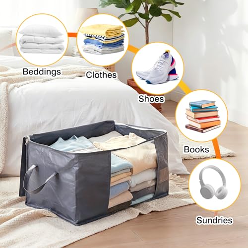YGEOMER 6 Pack Heavy Duty Blanket Storage Bags Clothes Storage Foldable Closet Organizers Containers with Reinforced Handle for Clothing, Blanket, Comforters, Bed Sheets, Pillows and Toys, Grey 60L - size: 60L